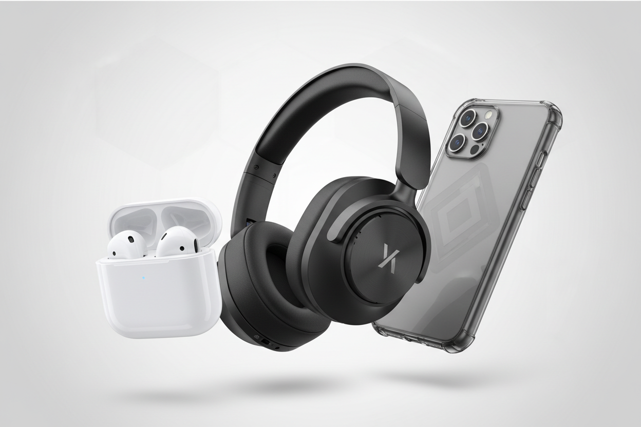 create heaphone, earpod and mobile case pic which is set in header pic